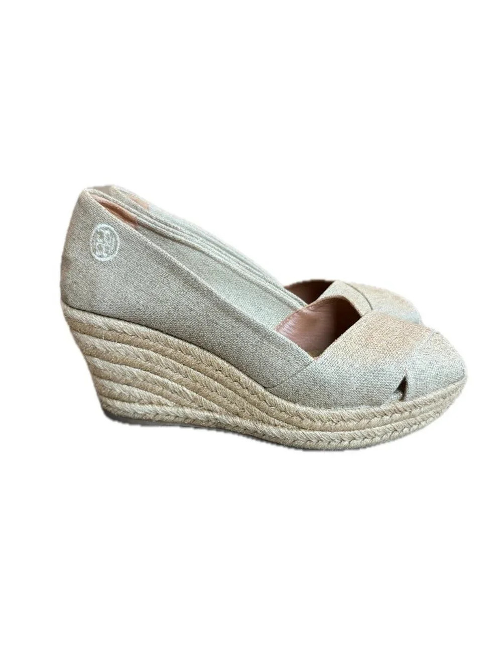 Tory Burch Tan Canvas Peep Toe Espadrille Wedges Platform Stretch Size 9 Women's